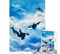 Jigsaw Puzzles 1000 Piece for Adults Orcas in The Sky Watercolor Painting Toy Wall Decor Art Work Gift Hands-on Game Artists' Collection, Fine Arts Size 38x52cm