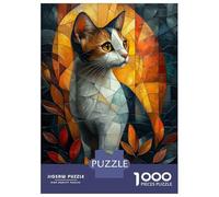 Jigsaw Puzzles 1000 Piece for Adults Stained Glass Cat with Autumn Glow Jigsaw for Adults Toy Wall Decor Home Decoration Challenging To Complete 38x26cm/1000pcs