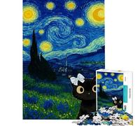Jigsaw Puzzles 1000 Piece for Adults Starry Night Cat with Bow Adult Jigsaw Puzzle Relax Games Staycation Kill Time Challenging To Complete (Size 38x26cm)