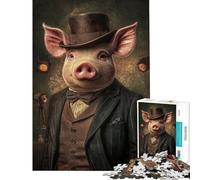 Jigsaw Puzzles 1000 Piece for Adults Stylish Pig in Top Hat Family Games Toys Educational Games Secret Santa Gifts Home Decoration (size 38x52cm)