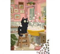 Jigsaw Puzzles 1000 Piece for Teenagers Black Cat in Bubble Bath Jigsaw Puzzle Relaxing Games Wall Decoration Gifts for Friends And Family 52x38cm/1000pcs