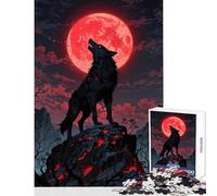 Jigsaw Puzzles 1000 Piece for Teenagers Black Wolf Howling at Red Moon Home Decoration Toys Gift For Birthdays Educational Games Every Piece Is Unique - Size 38x52cm