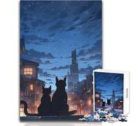Jigsaw Puzzles 1000 Piece for Teenagers Cats Gazing at City Nightscape Toy Intellectual Game Staycation Kill Time Secret Santa Gifts Size 38x26cm
