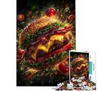 Jigsaw Puzzles 1000 Piece for Teenagers Delicious Burger with Flying Ingredients Jigsaw Anti-Stress Toys Analysis And Logic Challenging To Complete (Size 50x75cm)