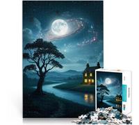 Jigsaw Puzzles 1000 Piece for teenagers Nighttime Cottage by the River Quizspiel Die Liebe zwischen Paaren stärken38x26cm