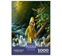 Jigsaw Puzzles 1000 Piece for Teenagers Raincoat Boy with Cats in Stream Jigsaw Puzzle Fun Games Perfect Decoration Gifts for Friends And Family 70x50cm/1000pcs