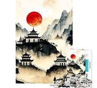Jigsaw Puzzles 1000 Piece for Teenagers Red Moon Mountain Temples Japan Help The Brain Exercise Home Art Decor Practical Game for Ages 14 And over (38x52cm)