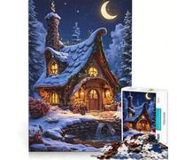 Jigsaw Puzzles 1000 Piece for Teenagers Whimsical Winter Cottage Under Crescent Moon Fun Games Challenging To Complete Deal As Gifts for The Whole Family 50x75cm