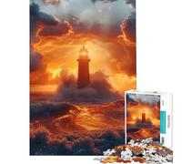 Jigsaw Puzzles 1000 Pieces A Lighthouse And Stormy Se Handeye Coordination Training Advanced Mold Cutting Tech Attractive Gifts for Art Lovers (Size 38x26cm)