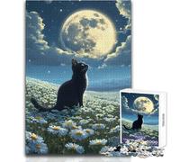 Jigsaw Puzzles 1000 Pieces Black Cat Gazing at The Moon Relaxing Solo Quiet Time Superior Accurate Cutting Play Toy Size 38x26cm