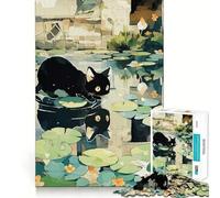 Jigsaw Puzzles 1000 Pieces Black Cat in Lily Pond Illustration Accurate Joint Fun, Brain Skill Play, Peace Time Play, Christmas Art Display (38x52cm)