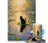 Jigsaw Puzzles 1000 Pieces Black Cat on Lily Pad Painting Flawless Cut Fun, Cognitive Teaser Toy, Downtime Game Fun, Christmas Art Gift (38x52cm)