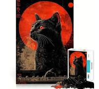 Jigsaw Puzzles 1000 Pieces Black Cat Red Moon Japanese Asian Artwork Flawless Cut Fun, Cognitive Teaser Toy, Downtime Game Fun, Christmas Art Gift (50x75cm)