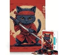 Jigsaw Puzzles 1000 Pieces Black Cat Samurai Japan Accurate Joint Fun, Brain Skill Play, Peace Time Play, Christmas Art Display (38x52cm)