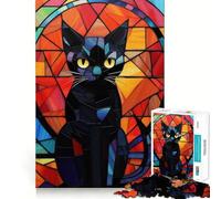 Jigsaw Puzzles 1000 Pieces Black Cat Stained Glass Exact Cut Art, Smart Challenge Fun, Leisure Play Fun, Xmas Decor Gift (38x52cm)