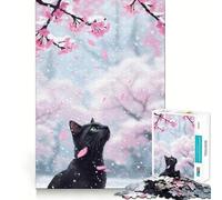 Jigsaw Puzzles 1000 Pieces Black Cat Under Cherry Blossom Snow Accurate Joint Fun, Brain Skill Play, Peace Time Play, Christmas Art Display (38x52cm)