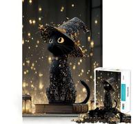 Jigsaw Puzzles 1000 Pieces Black Cat Wearing A Witch Hat Exact Cut Art, Smart Challenge Fun, Leisure Play Fun, Xmas Decor Gift (38x26cm)