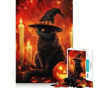 Jigsaw Puzzles 1000 Pieces Black Cat Witch Halloween Flawless Cut Fun, Cognitive Teaser Toy, Downtime Game Fun, Christmas Art Gift (38x26cm)