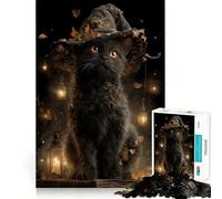 Jigsaw Puzzles 1000 Pieces Black Cat Witch with Autumn Leaves Exact Cut Art, Smart Challenge Fun, Leisure Play Fun, Xmas Decor Gift (50x75cm)