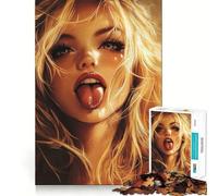Jigsaw Puzzles 1000 Pieces Blonde Woman with Tongue Out Accurate Joint Fun, Brain Skill Play, Peace Time Play, Christmas Art Display (50x75cm)
