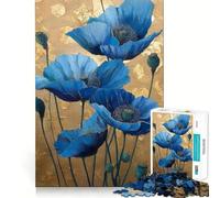 Jigsaw Puzzles 1000 Pieces Blue Poppies with Gold Background Painting Accurate Joint Fun, Brain Skill Play, Peace Time Play, Christmas Art Display (50x75cm)