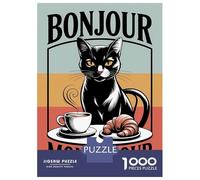 Jigsaw Puzzles 1000 Pieces Bonjour Mon Amour Black Cat Coffee Adult Jigsaw Puzzle Toy Wall Decor Birthday Present Unique Birthday And Xmas Gifts 52x38cm/1000pcs