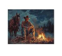 Jigsaw Puzzles 1000 Pieces，Cowboy and Horse at a Campfire，Wood Children Games Educational Toys（75x50cm）-AA85
