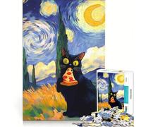 Jigsaw Puzzles 1000 Pieces for Adults Black Cat Eating Pizza Starry Night, DIY Toys, Fun Activities at Home, Deal As Gifts for The Whole Family 38x26cm