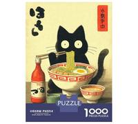 Jigsaw Puzzles 1000 Pieces for Adults Black Cat Eating Ramen Illustration Adult Puzzles Relaxing Games But Fun And Humorous for Birthday, Chrismas 52x38cm/1000pcs