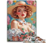Jigsaw Puzzles 1000 Pieces for Adults Blonde Pin-Up Floral Dress with Straw Hat Difficult Hard Brain Teaser Game Secret Santa Gifts 50x75cm