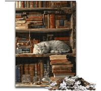 Jigsaw Puzzles 1000 Pieces for Adults Cat on The Bookshelf Puzzles for Adults 50X75CM Birthday Gift Idea, Challenging Brain Teaser Game