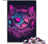 Jigsaw Puzzles 1000 Pieces for Adults Cat with Headphones Sunglasses Made of Wood, Unique DIY Home Decor Gift Idea 50x75cm Brain Teaser Game for Teenagers, Perfect