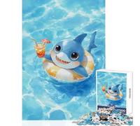 Jigsaw Puzzles 1000 Pieces for Adults Cute Shark with Drink in Pool Educational Toy Gift For Birthdays Relaxing Games Artists Collection, Fine Art Size 50x75cm