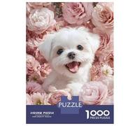 Jigsaw Puzzles 1000 Pieces for Adults Cute White Dog Surrounded by Pink Flowers Adult Jigsaw Puzzle DIY Toys Birthday Present Stress Reduction Gifts 38x26cm/1000pcs