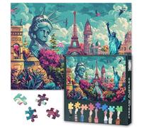 Jigsaw Puzzles 1000 Pieces for Adults, Global Travel Jigsaw Puzzles, Global Attractions Eiffel Tower Statue of Liberty Puzzle, Intellectual Challenge Puzzle Finished Size 19.5 x 27.5 Inch