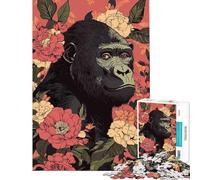 Jigsaw Puzzles 1000 Pieces for Adults Gorilla Surrounded by Flowers Illustration Puzzle for Adults Brain Teaser Game A Work of Art for Birthday, Chrismas (Size 38x26cm)