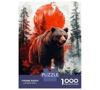 Jigsaw Puzzles 1000 Pieces for Adults Grizzly Bear in Forest with Red Sun Jigsaws for Adults Fun Games Stress Reliever Help The Brain Exercise 38x26cm/1000pcs