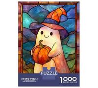 Jigsaw Puzzles 1000 Pieces for Adults Halloween Ghost with Pumpkin Stained Glass Jigsaws for Adults Fun Games Stress Reliever Help The Brain Exercise 38x26cm/1000pcs