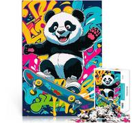 Jigsaw Puzzles 1000 Pieces for Adults Happy Panda Skateboarding learning educational Fun at Home Activities, Birthday Present,Travel Gifts, 26x38cm