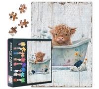 Jigsaw Puzzles 1000 Pieces for Adults - Highland Cattle Soaking in a Bathtub Puzzle | Wood Board Highland Cow Art Design for Gifts From Friends and Family 27.5" x 19.6"