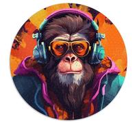 Jigsaw Puzzles 1000 Pieces for Adults Monkey Headphones Round Cardboard Jigsaw Puzzles An for Christmas Or Birthdays (Size 67.5x67.5cm)