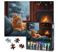 Jigsaw Puzzles 1000 Pieces for Adults Orange Cat by the Fireplace Puzzle 1000 Pieces Animal Funny Challenging Puzzles Family Challenge Game for Home Bedroom Hallway Decoration Size: 70x50cm