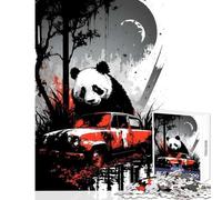 Jigsaw Puzzles 1000 Pieces for Adults Panda Behind A Rusted Car Anti-Stress Toys Gift For Birthdays Impossible Game with Matching Poster And Trivia Sheet Size 38x26cm
