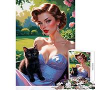 Jigsaw Puzzles 1000 Pieces for Adults Pin-Up with Black Kitten in Garden Educational Toy Gift For Birthdays Relaxing Games Artists Collection, Fine Art Size 38x26cm