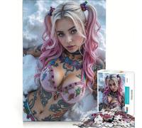 Jigsaw Puzzles 1000 Pieces for Adults Pink Haired Woman with Tattoos, Impossible Game, Challenging To Complete, for Is Ideal As A Gift 38x26cm