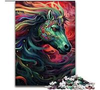 Jigsaw Puzzles 1000 Pieces for Adults Psychedelic Colored Horses Made of Wood, Unique DIY Home Decor Gift Idea 50x75cm Challenging Brain Teaser - Relaxing Toy for Teenagers
