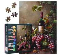 Jigsaw Puzzles 1000 Pieces for Adults - Red Wine Bottle, Glass and Grapes on Rustic Stone Table, Adult Puzzles, 27.5x19.7 Inches