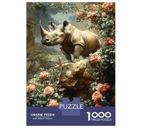 Jigsaw Puzzles 1000 Pieces for Adults Rhinoceros Amidst Blooming Roses Jigsaw for Adults Family Games A Work of Art Help The Brain Exercise 52x38cm/1000pcs
