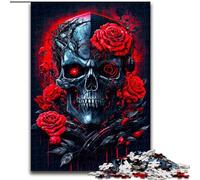 Jigsaw Puzzles 1000 Pieces for Adults Robot Skull with Rose Made of Wood, Perfect DIY Art Decor Or Birthday Gift 50x75cm for Birthday Holiday Christmas