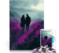 Jigsaw Puzzles 1000 Pieces for Adults Romantic Walk Through Lavender Purple Fields in Charcoal Style Denkspiel Geschenkideen52x38cm